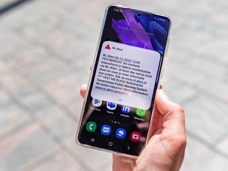 NL Alert testbericht op mobiele telefoon